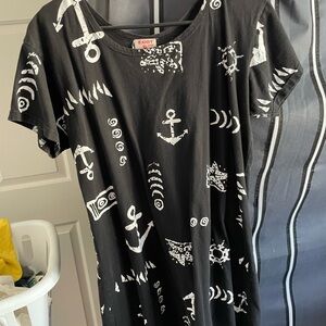 Black Graphic T-Shirt Dress with Nautical Print